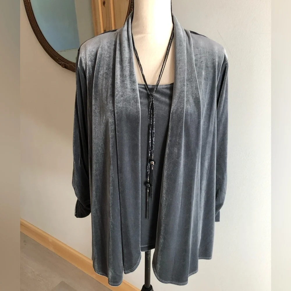 Susan Graver Grey Luxe Velvet Cardigan & Tank Set Size Large - Picture 2 of 10
